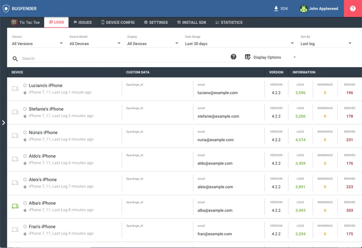 Bugfender: interface, fonctionnalités & intégrations