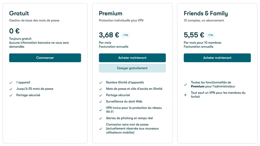 Tarifs de Dashlane Perso Tarifs de Dashlane Perso
