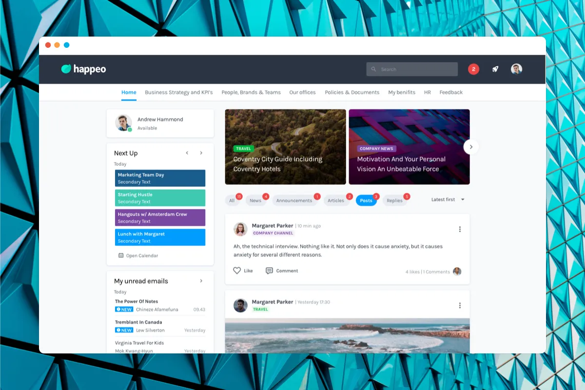 Happeo: interface, fonctionnalités & intégrations Happeo: interface, fonctionnalités & intégrations