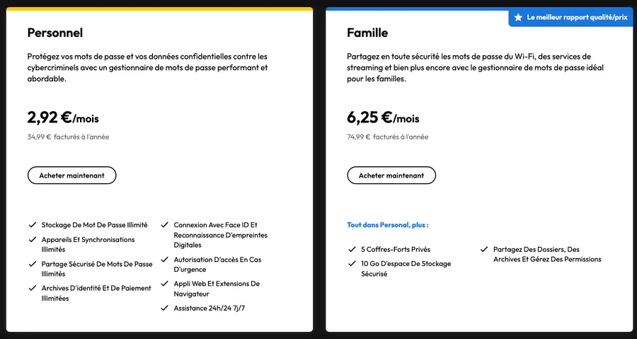 Tarifs de Keeper Perso Tarifs de Keeper Perso