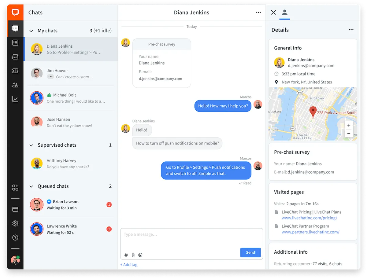 LiveChat: interface, fonctionnalités & intégrations