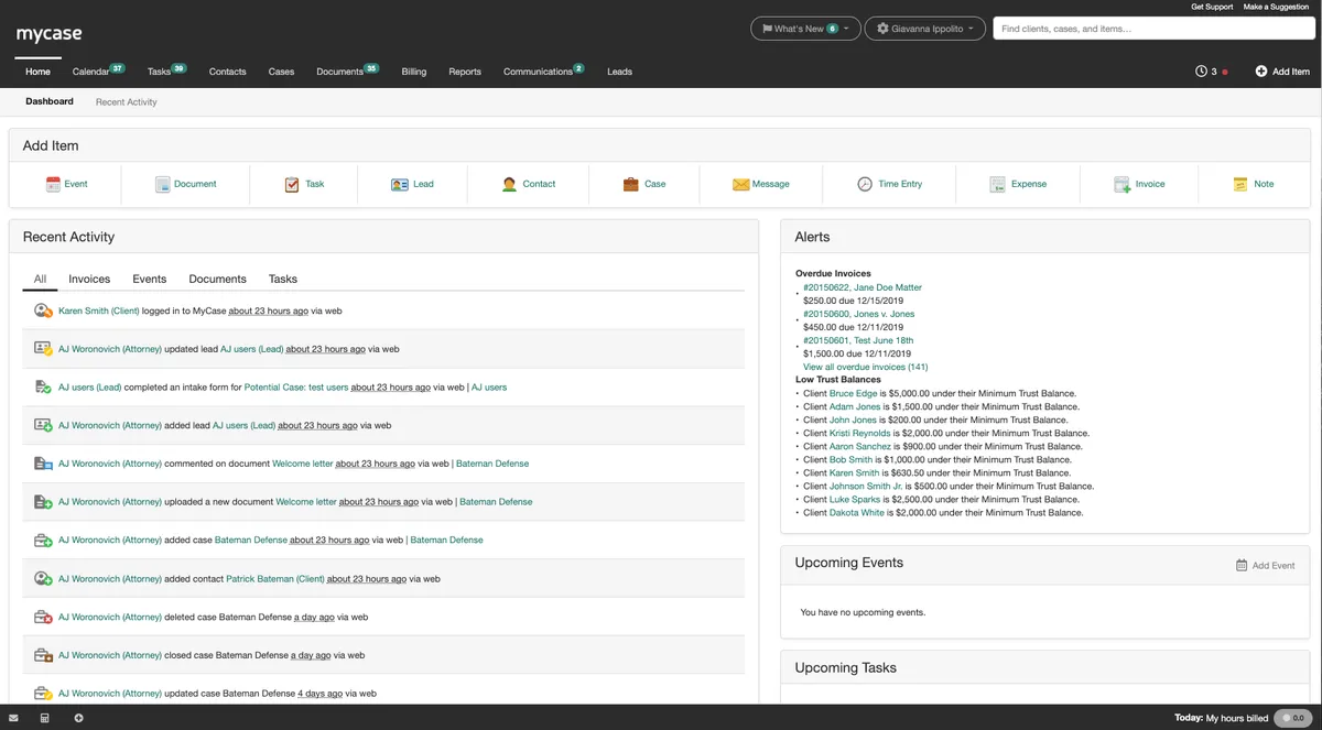 MyCase: interface, fonctionnalités & intégrations
