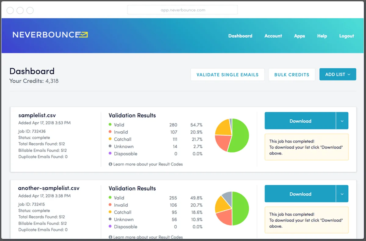 NeverBounce: interface, fonctionnalités & intégrations