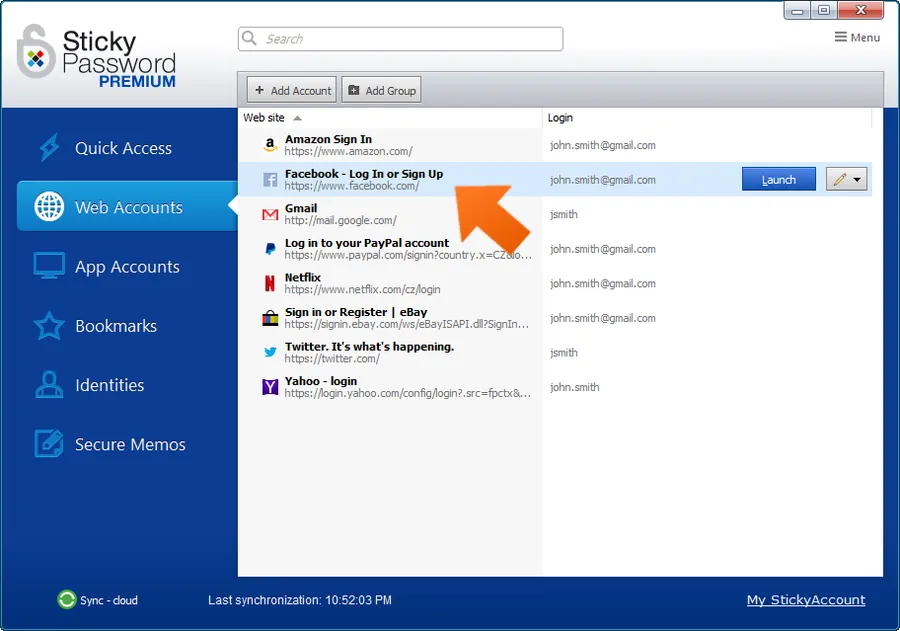 Interface de Sticky Password Interface de Sticky Password