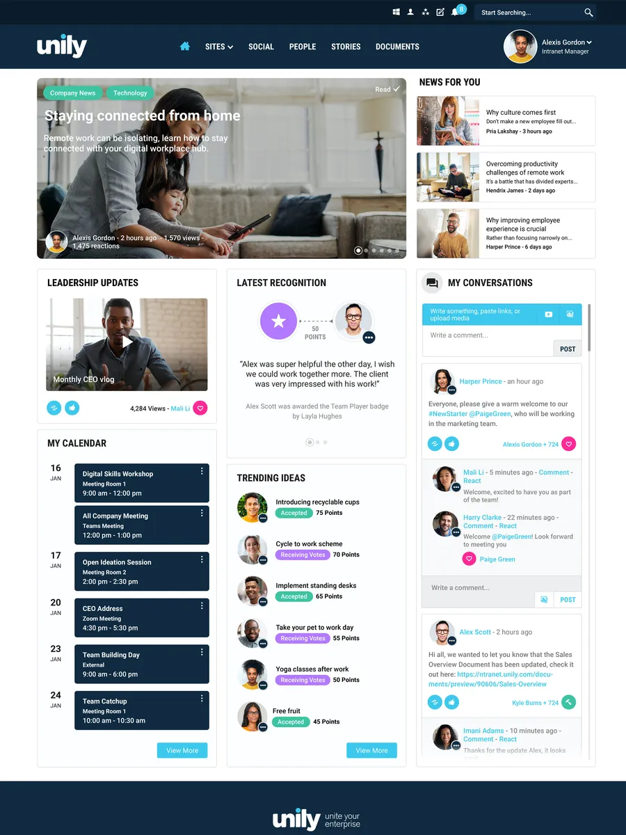Unily: interface, fonctionnalités & intégrations